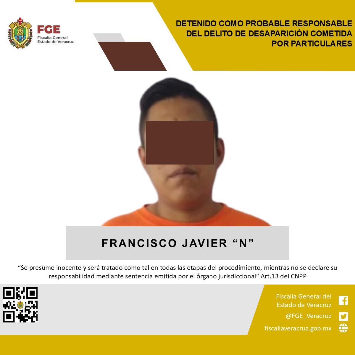 DETENIDO COMO PROBABLE RESPONSABLE DEL DELITO DE DESAPARICIÓN COMETIDA POR PARTICULARES