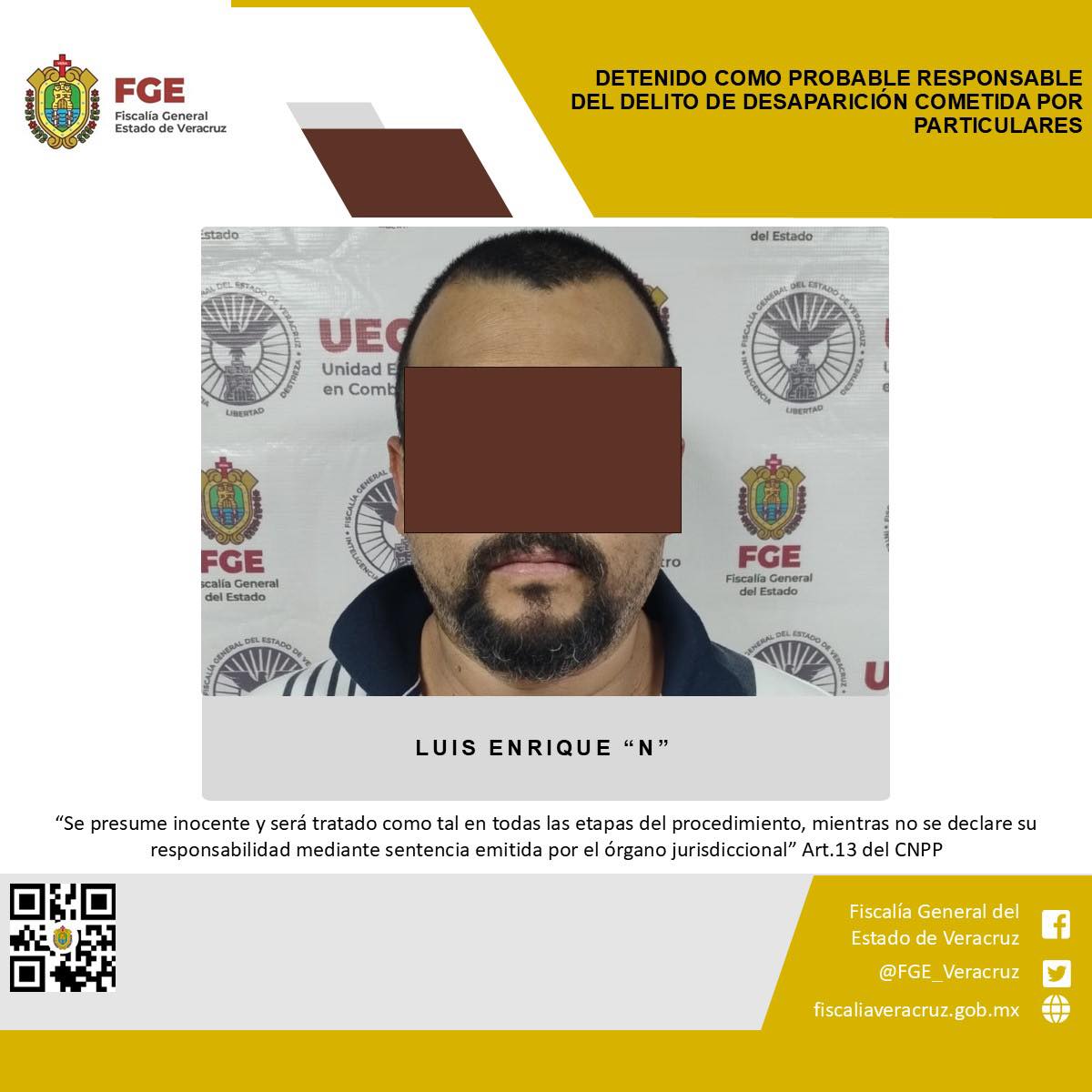 DETENIDO COMO PROBABLE RESPONSABLE DEL DELITO DE DESAPARICIÓN COMETIDA POR PARTICULARES