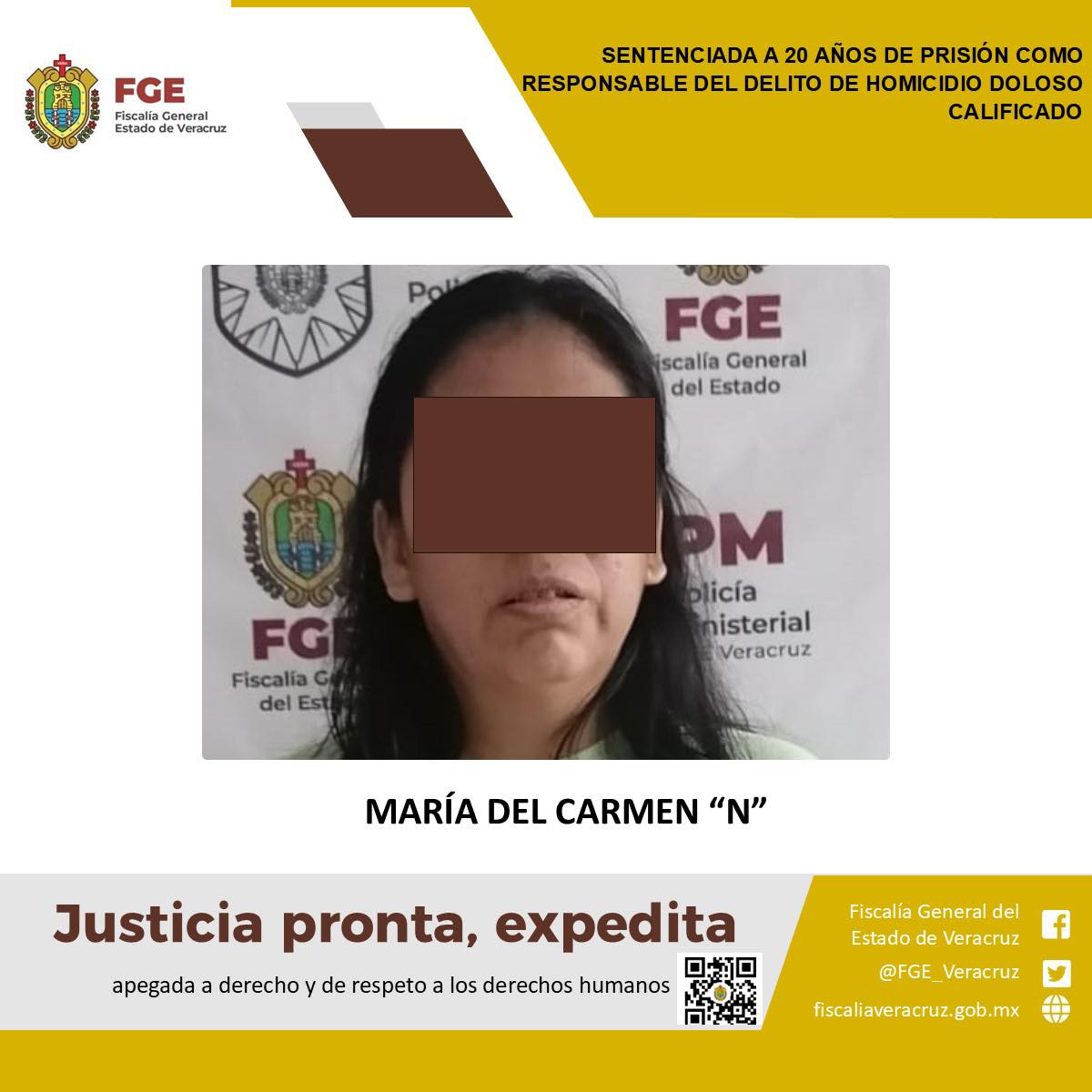 SENTENCIADA A 20 AÑOS DE PRISIÓN COMO RESPONSABLE DEL DELITO DE HOMICIDIO DOLOSO CALIFICADO