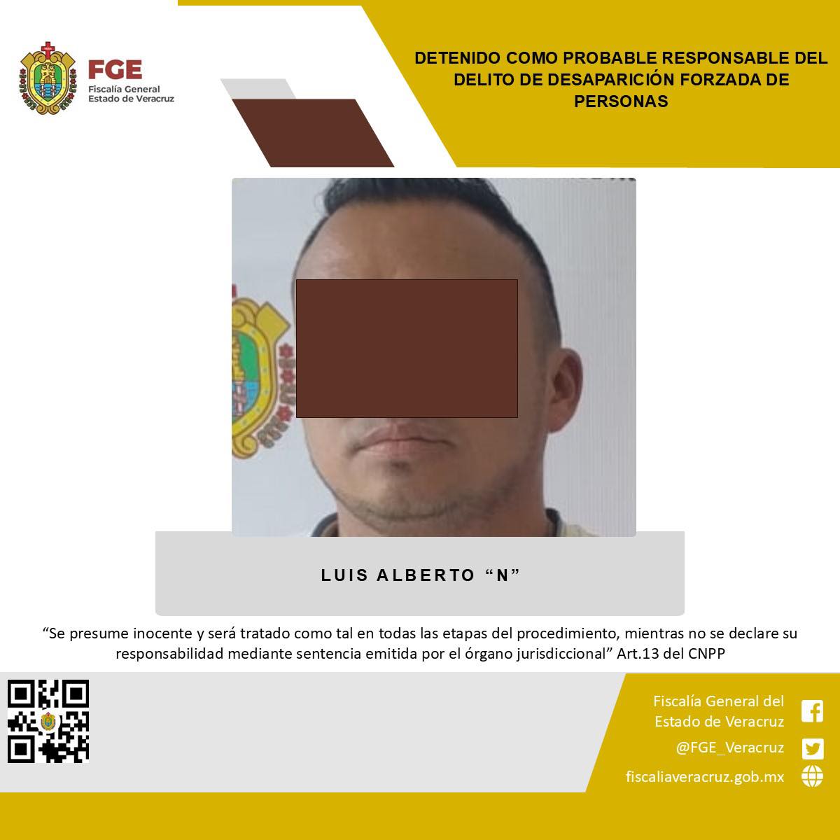 DETENIDO COMO PROBABLE RESPONSABLE DEL DELITO DE DESAPARICIÓN FORZADA DE PERSONAS