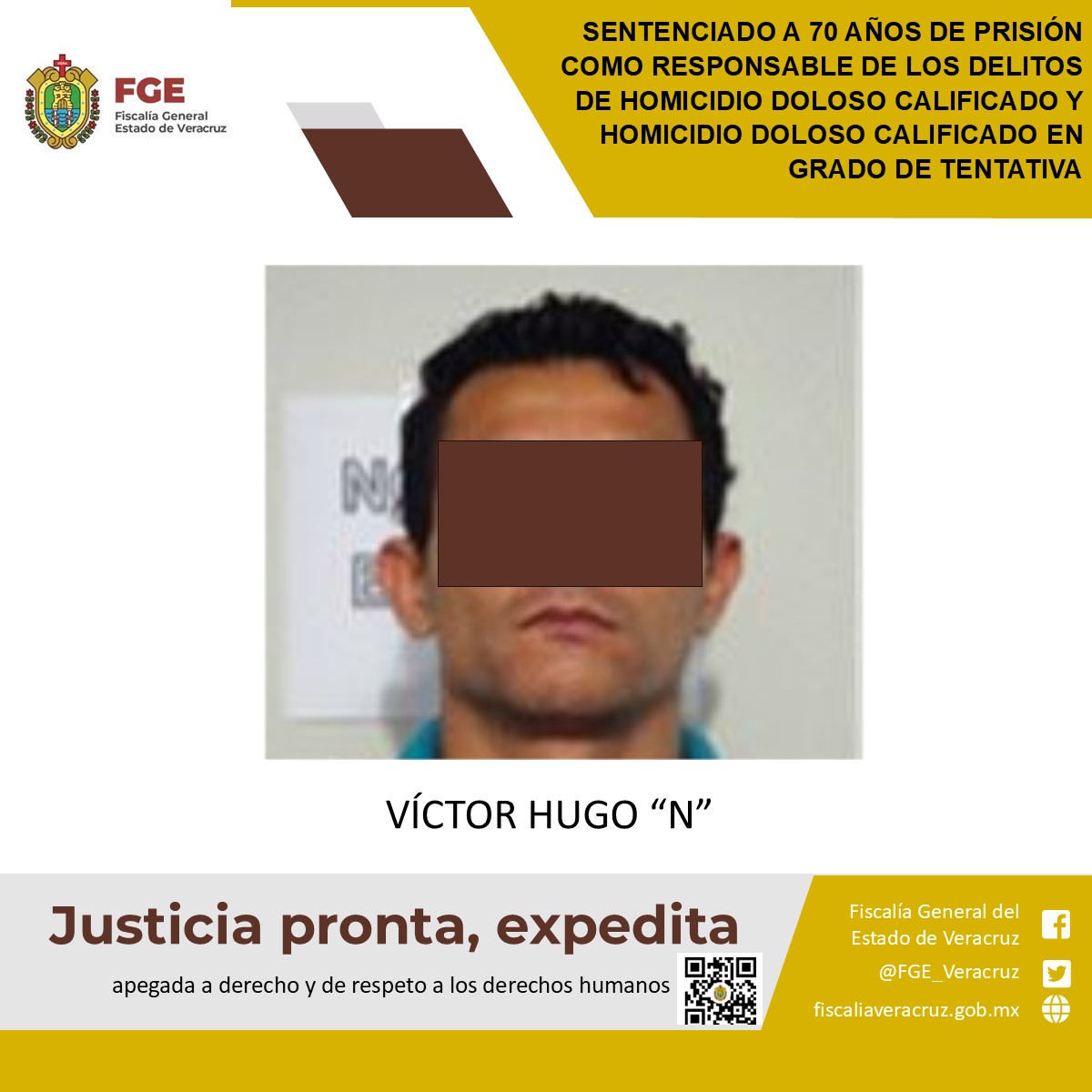 Sentenciado a 70 años de prisión como responsable de los delitos de homicidio doloso calificado y homicidio doloso calificado en grado de tentativa