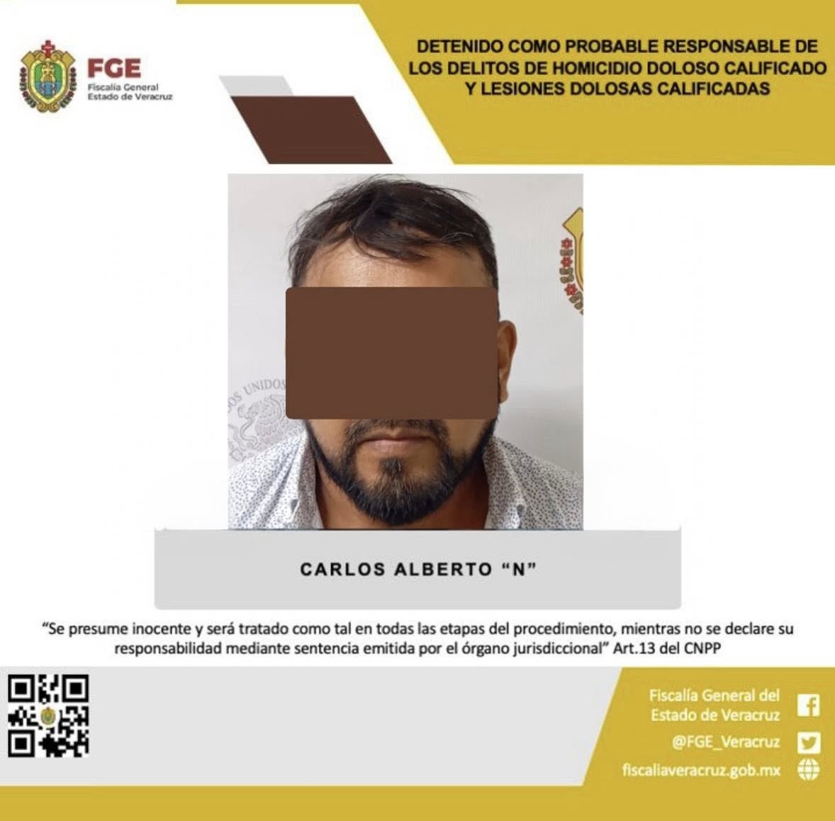 DETENIDO COMO PROBABLE RESPONSABLE DE LOS DELITOS DE HOMICIDIO DOLOSO CALIFICADO Y LESIONES DOLOSAS CALIFICADAS
