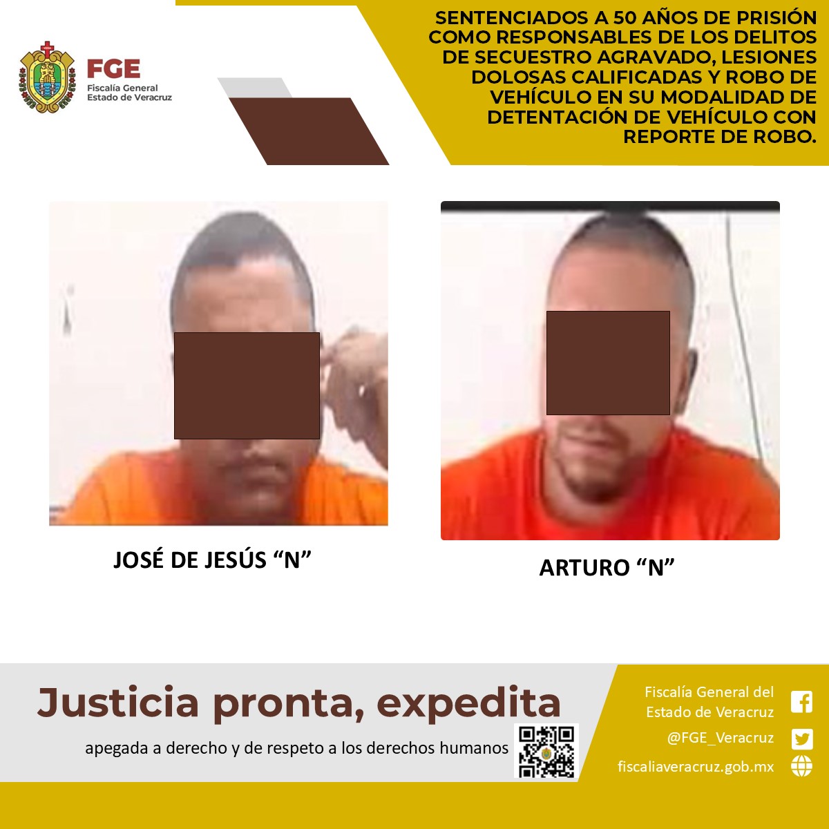 Sentenciados a 50 años de prisión como responsables de los delitos de secuestro agravado, lesiones dolosas calificadas y robo de vehículo en su modalidad de detentación de vehículo con reporte de robo.