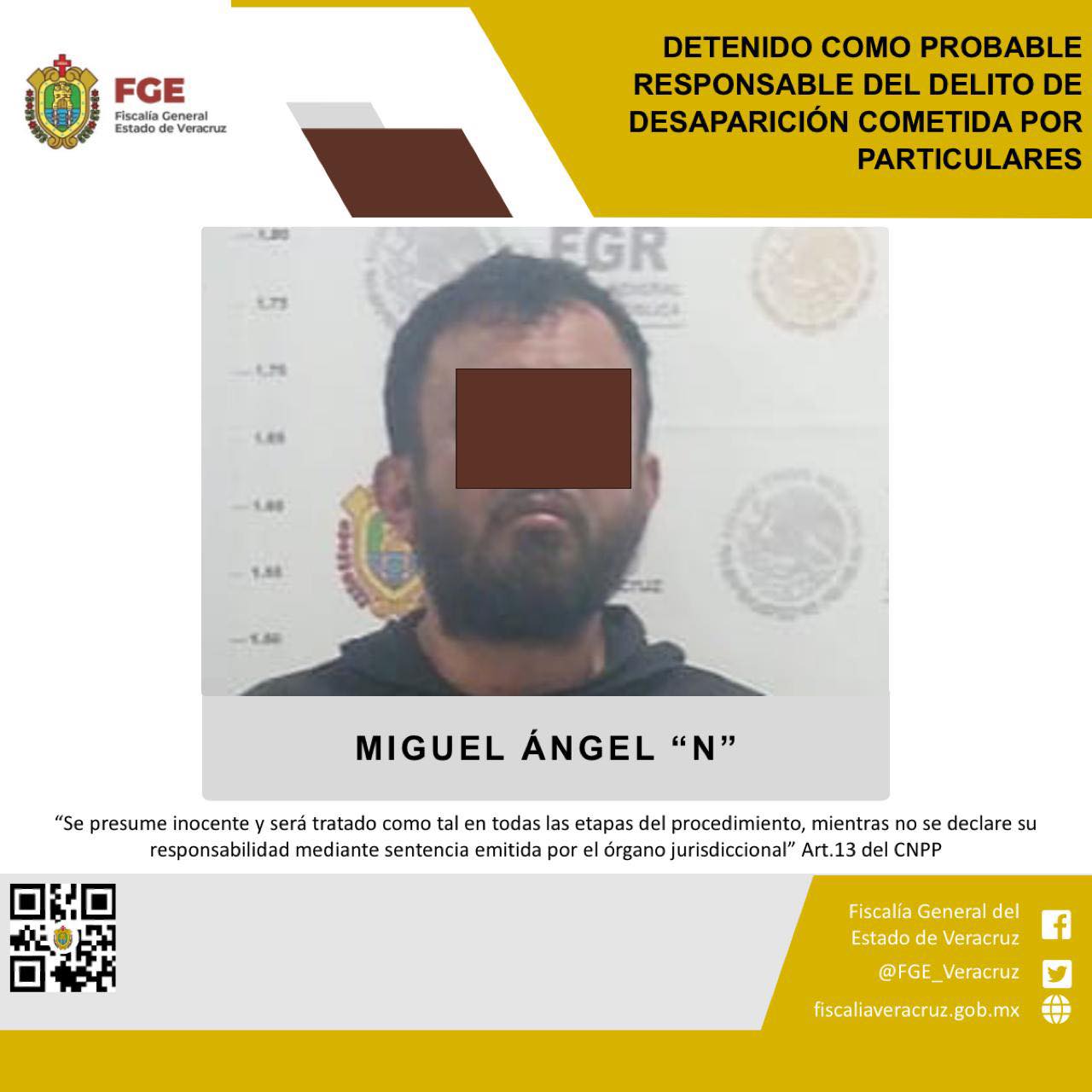 Detenido como probable responsable del delito de desaparición cometida por particulares