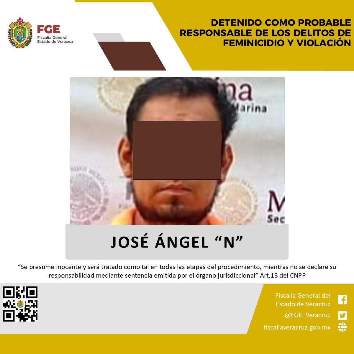 DETENIDO COMO PROBABLE RESPONSABLE DE LOS DELITOS DE FEMINICIDIO Y VIOLACIÓN EN PAPANTLA.