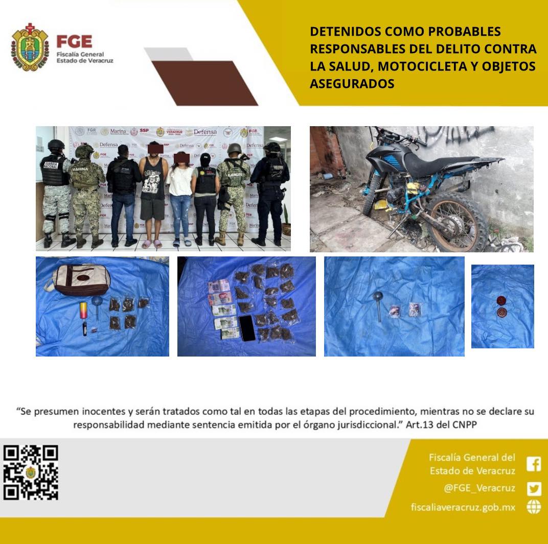 DOS PERSONAS DETENIDAS EN FLAGRANCIA, MOTOCICLETA Y OBJETOS ASEGURADOS EN OPERATIVO DE CATEO CON FUERZAS FEDERALES Y ESTATALES EN VERACRUZ