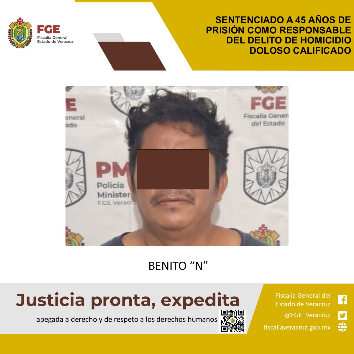 Sentenciado a 45 años de prisión como responsable del delito de homicidio doloso calificado