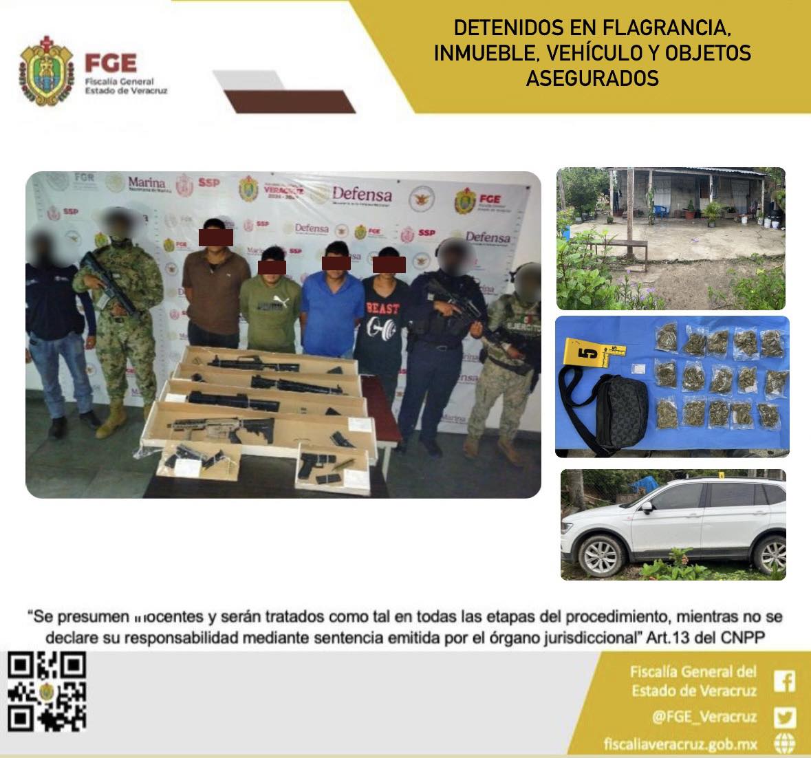 CUATRO PERSONAS DETENIDAS, INMUEBLE, VEHÍCULO Y OBJETOS ASEGURADOS EN OPERATIVO DE CATEO CON FUERZAS FEDERALES Y ESTATALES EN TIHUATLÁN