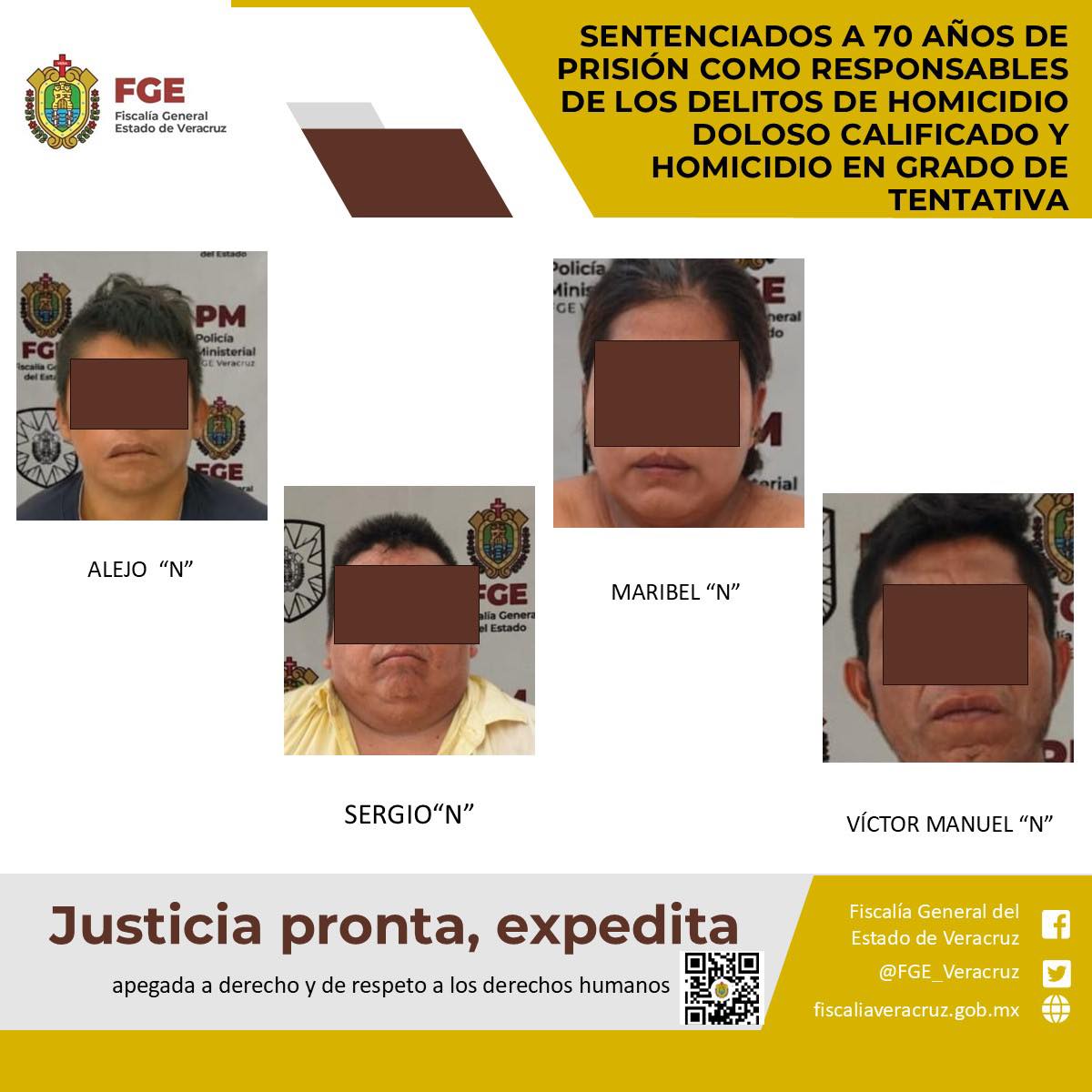 Sentenciados a 70 años de prisión como responsables de los delitos de homicidio doloso calificado y homicidio en grado de tentativa