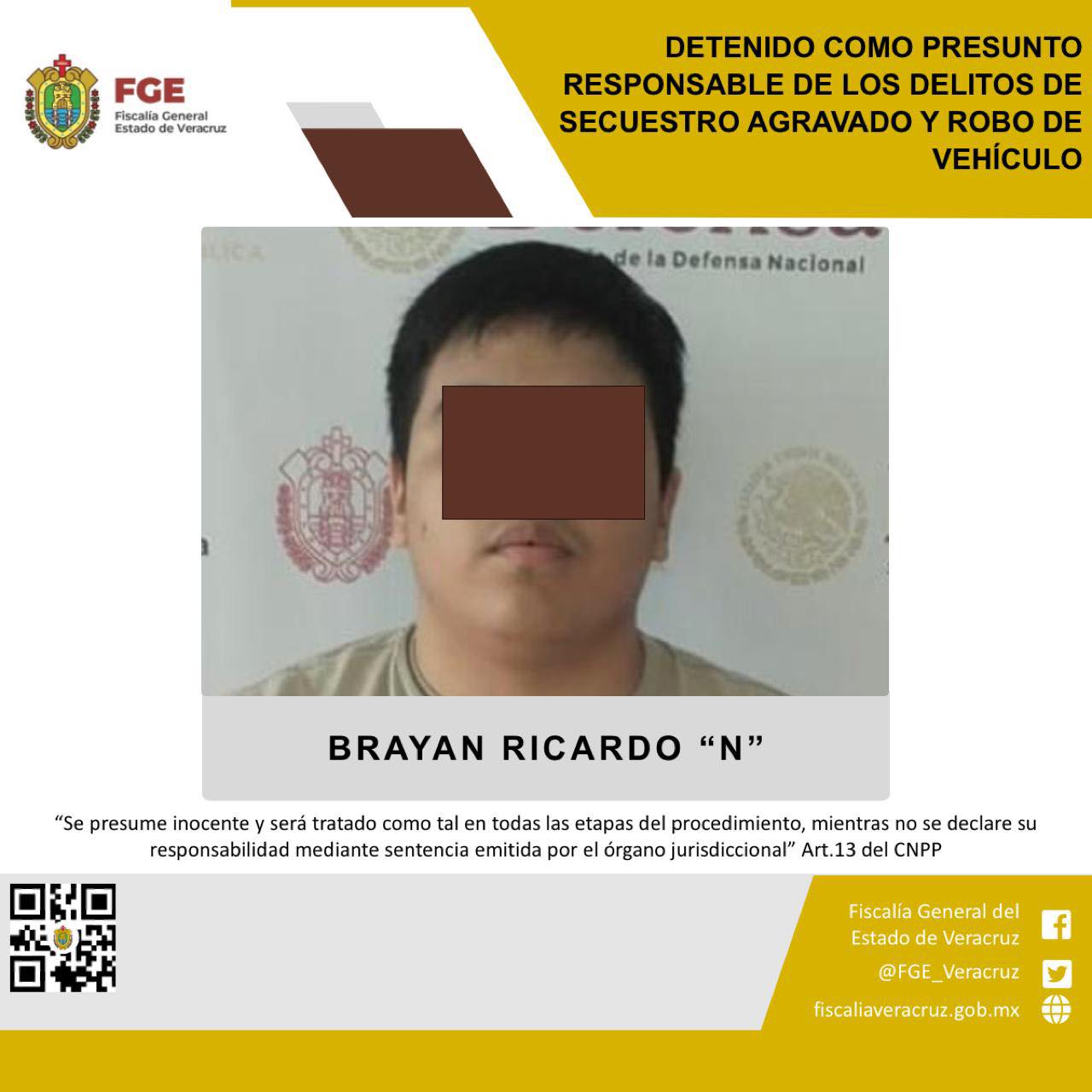 DETENIDO PRESUNTO RESPONSABLE DE LOS DELITOS DE SECUESTRO AGRAVADO Y ROBO DE VEHÍCULO.