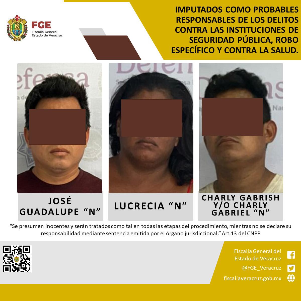 Imputados como probables responsables de los delitos contra las instituciones de seguridad pública, robo específico y contra la salud.