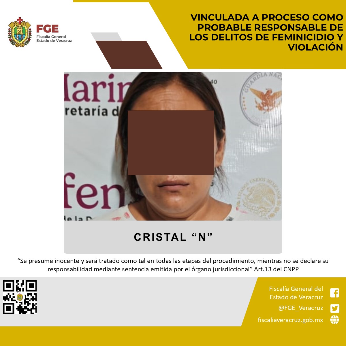 Vinculada a proceso como probable responsable de los delitos de feminicidio y violación