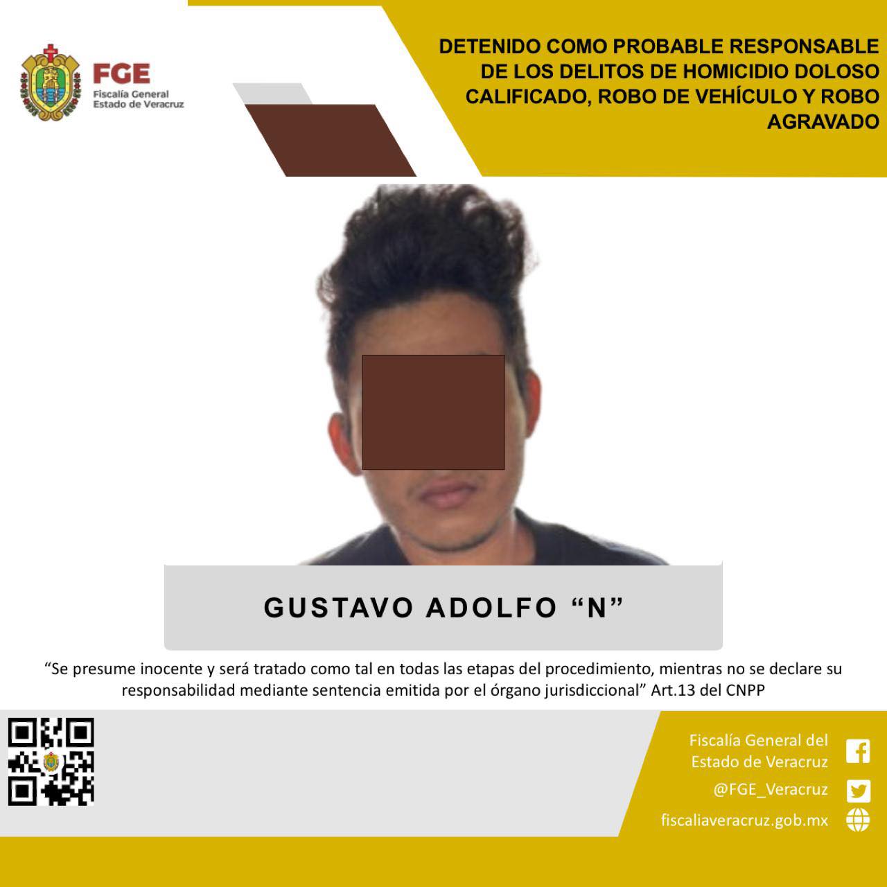 FGE EJECUTA OTRA ORDEN DE APREHENSIÓN Y OBTIENE VINCULACIÓN A PROCESO POR HOMICIDIO DOLOSO CALIFICADO, ROBO DE VEHÍCULO Y ROBO AGRAVADO, EN AGRAVIO DE ODONTÓLOGO EN BOCA DEL RÍO