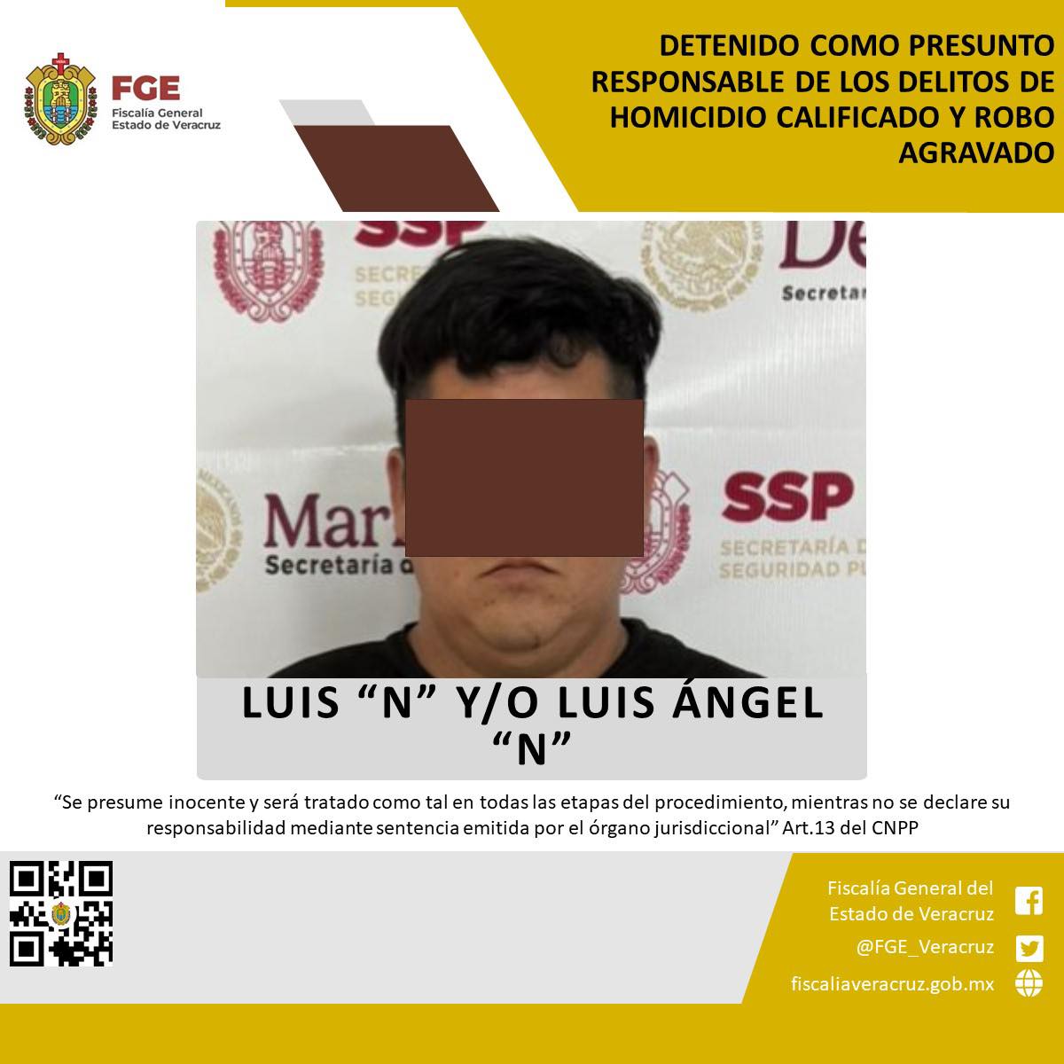 DETENIDO COMO PRESUNTO RESPONSABLE DE LOS DELITOS DE HOMICIDIO CALIFICADO Y ROBO AGRAVADO