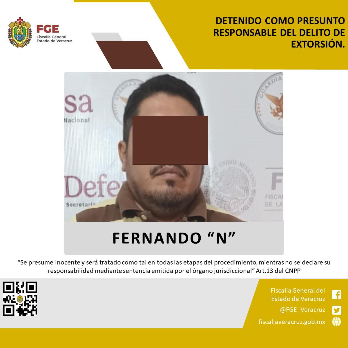 FGE CUMPLIMENTA ORDEN DE APREHENSION CONTRA PRESUNTO RESPONSABLE DEL DELITO DE EXTORSIÓN.