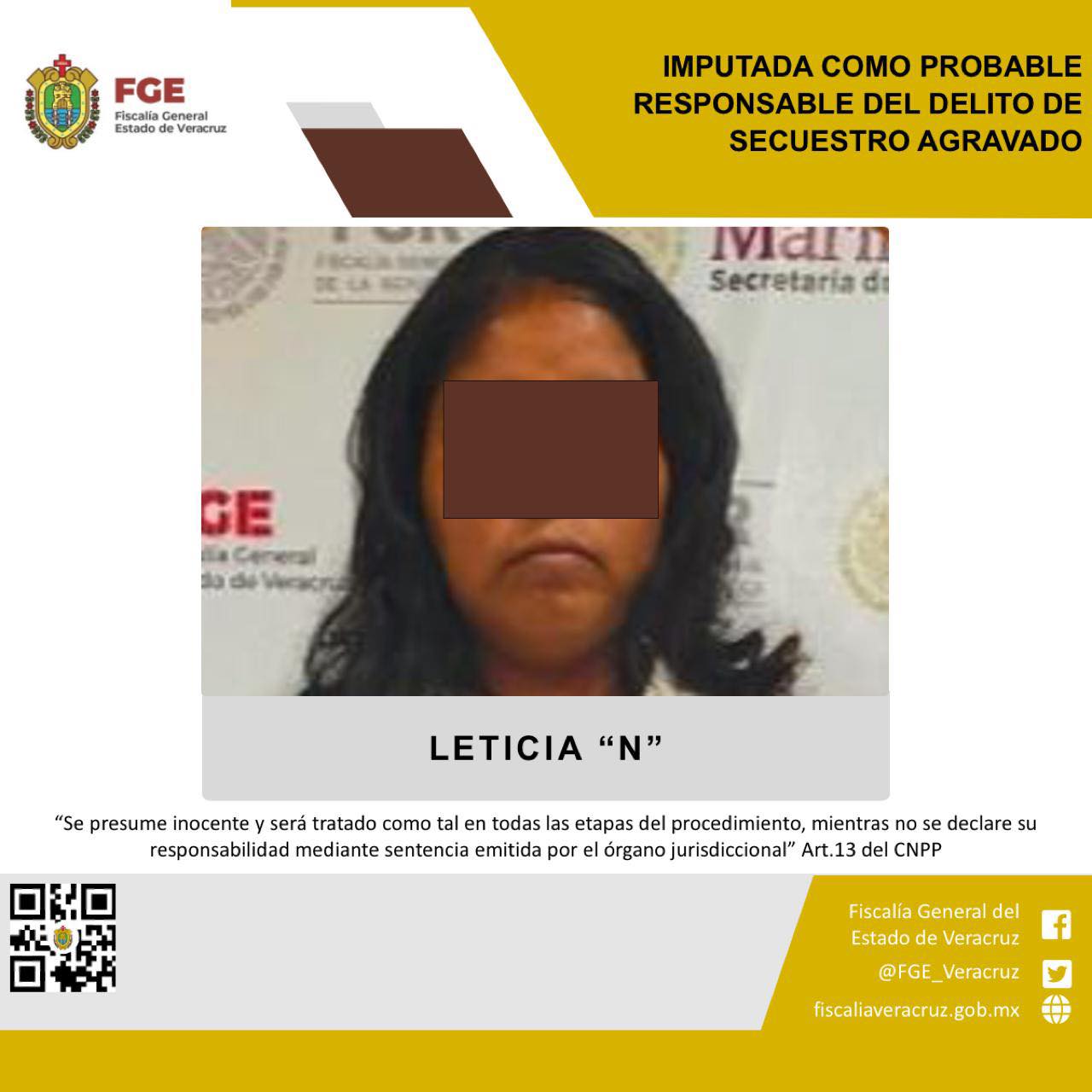 Imputada como probable responsable del delito de secuestro agravado