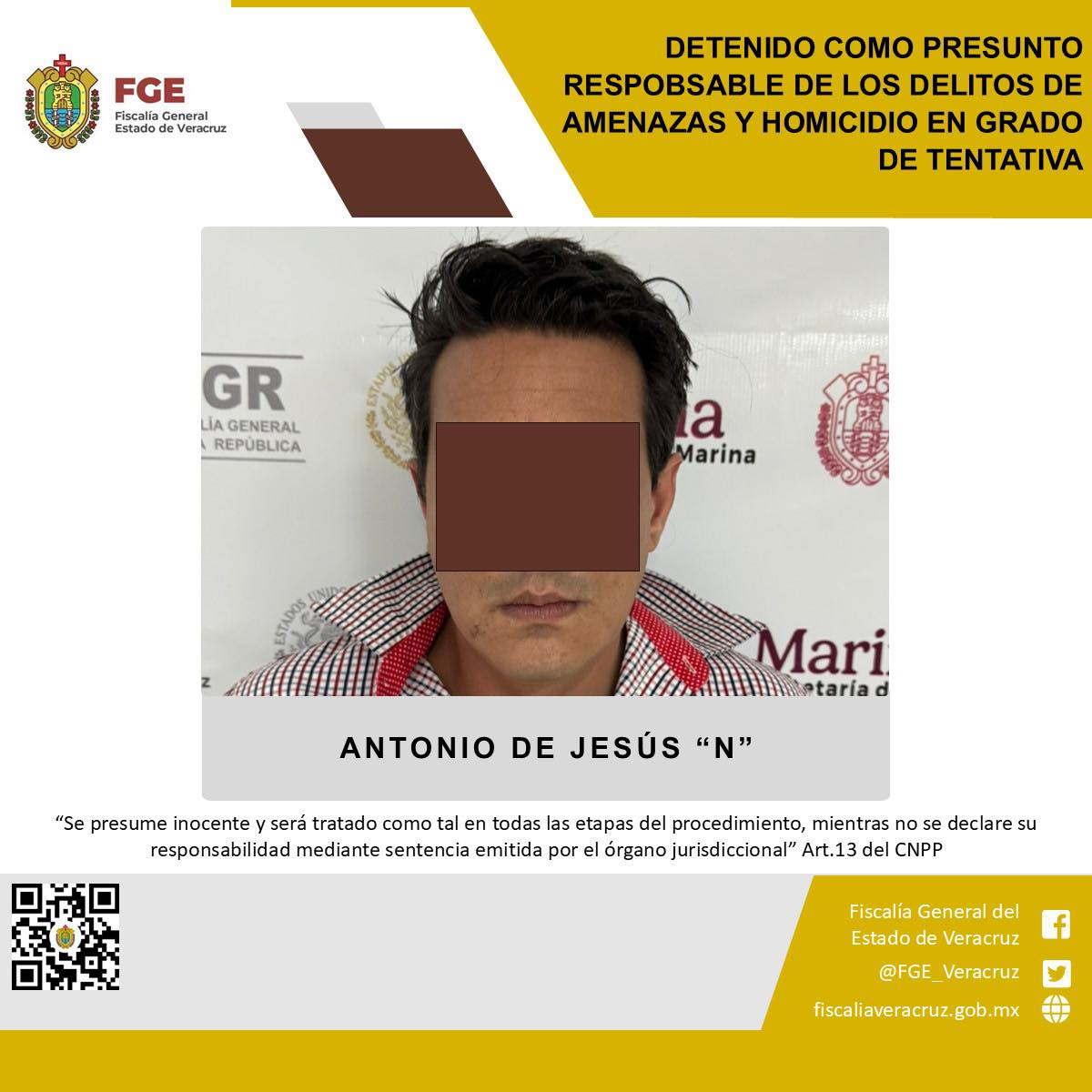 DETENIDO EX DIRIGENTE DEL PRD EN VERACRUZ, COMO PRESUNTO RESPONSABLE DE LOS DELITOS DE AMENAZAS Y HOMICIDIO EN GRADO DE TENTATIVA.