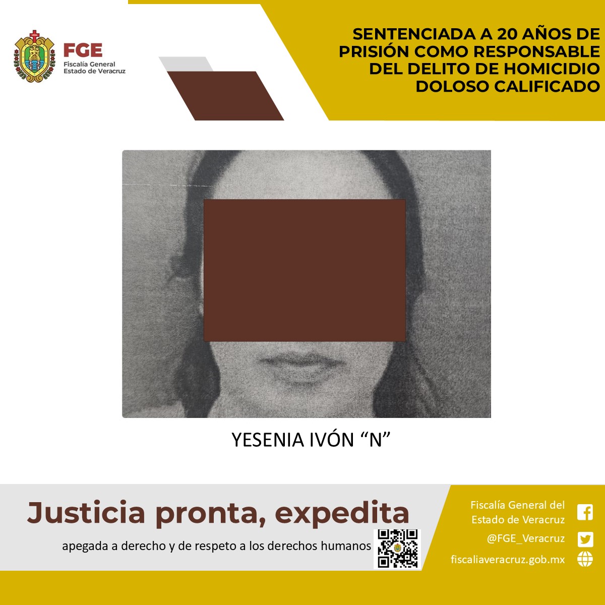 Sentenciada a 20 años de prisión como responsable del delito de homicidio doloso calificado
