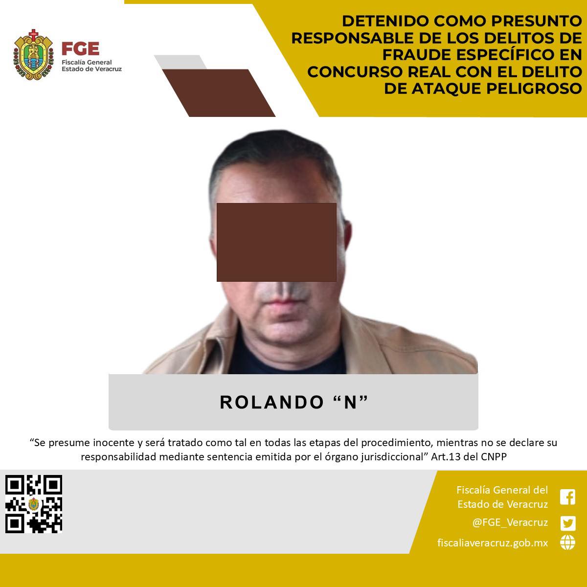 Fiscalías de Veracruz y San Luis Potosí colaboran en detención de presunto responsable de los delitos de fraude específico en concurso real con el delito de ataque peligroso