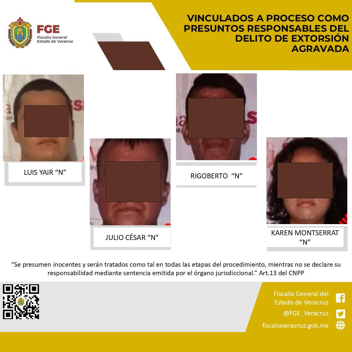 Vinculados a proceso como presuntos responsables del delito de extorsión agravada