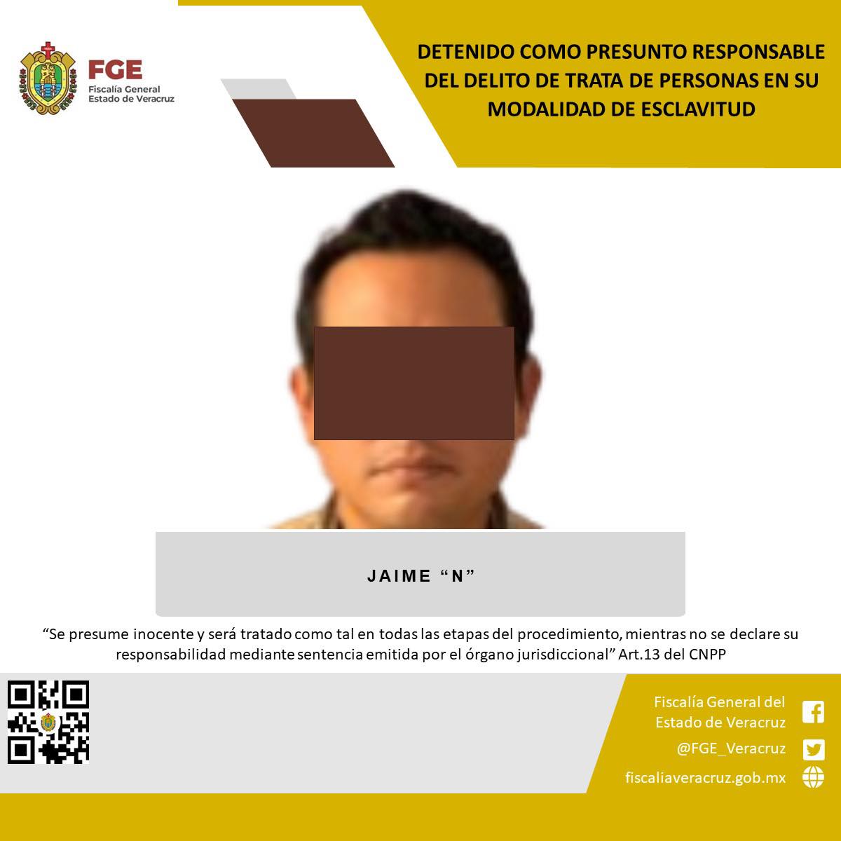 Coordinan fiscalías de Veracruz y Puebla detención de Jaime “N”, presunto responsable del delito de trata de personas