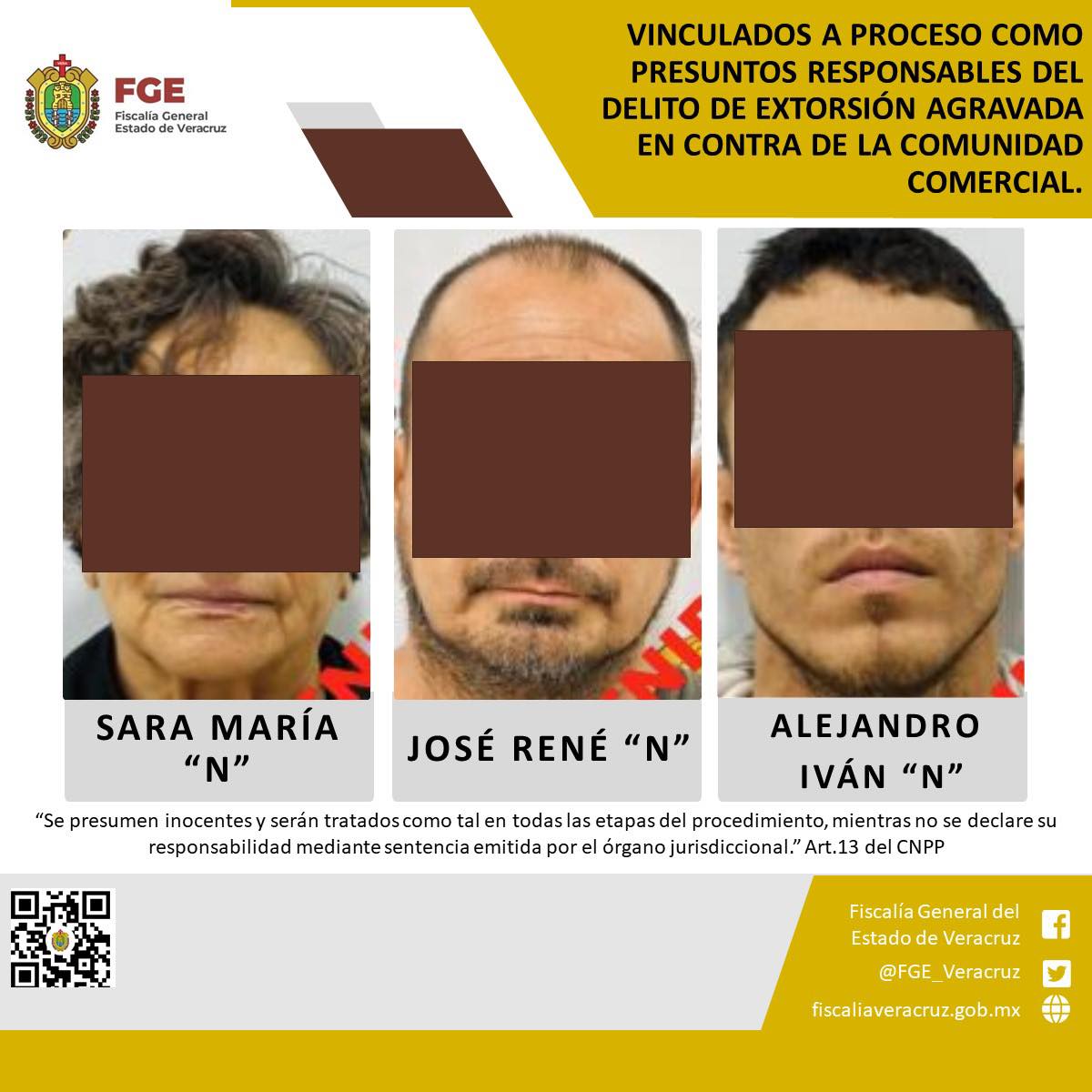 Vinculados a proceso como presuntos responsables del delito de extorsión agravada en contra de la comunidad comercial.