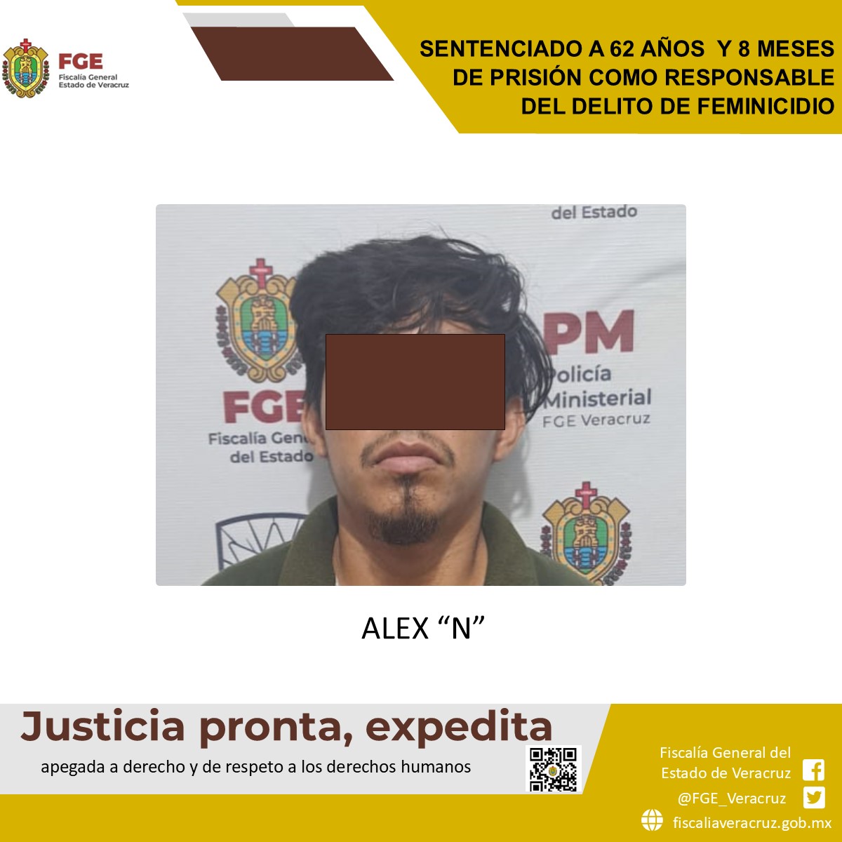 FGE informa sentencia condenatoria de 62 años y 8 meses en contra de feminicida en la zona sur de la entidad