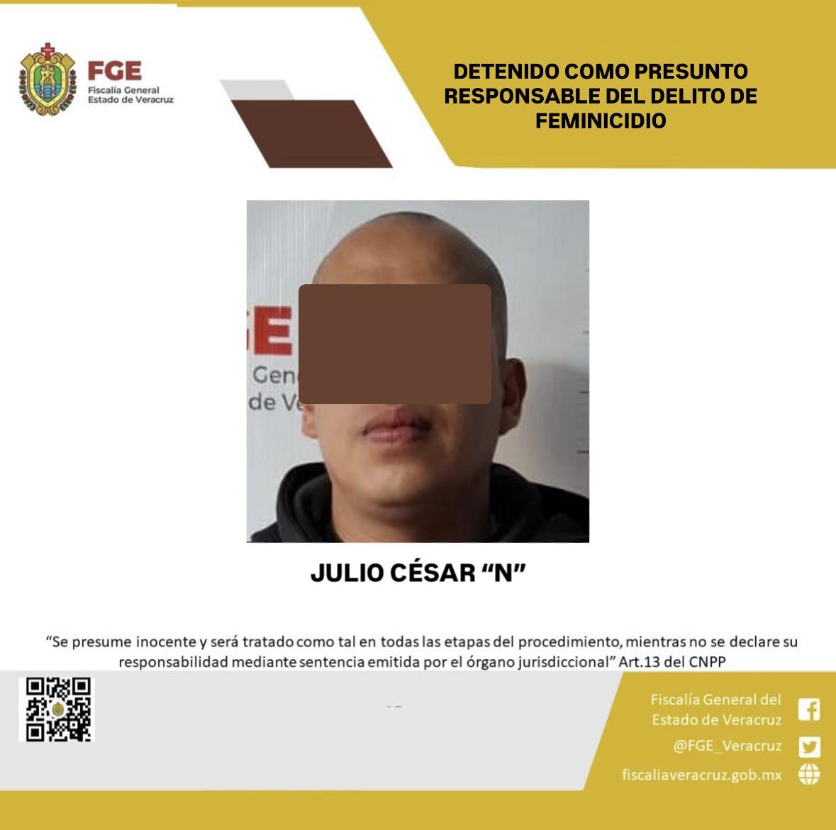 Fiscalía General del Estado detiene a presunto feminicida en Coatepec