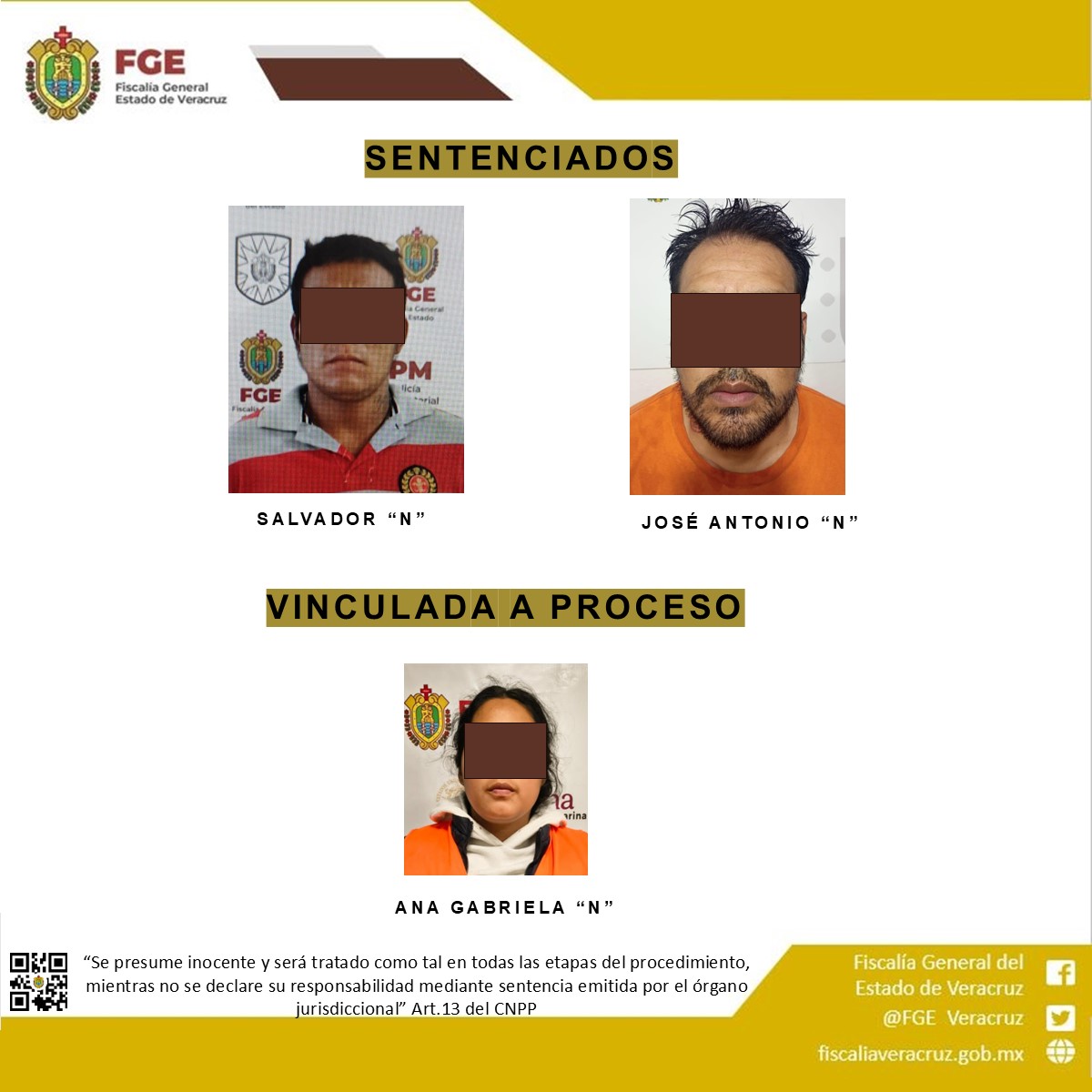 En Veracruz, la FGE obtiene dos sentencias condenatorias, de 20 años por homicidio calificado y 13 años por violación equiparada, así como una vinculación a proceso en Orizaba