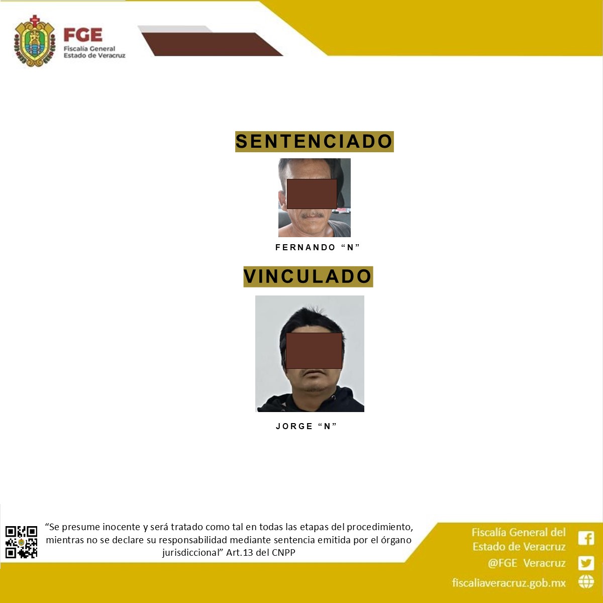 FGE informa sentencia condenatoria de 11 años por homicidio doloso en Tantoyuca y vinculación a proceso por feminicidio en Orizaba